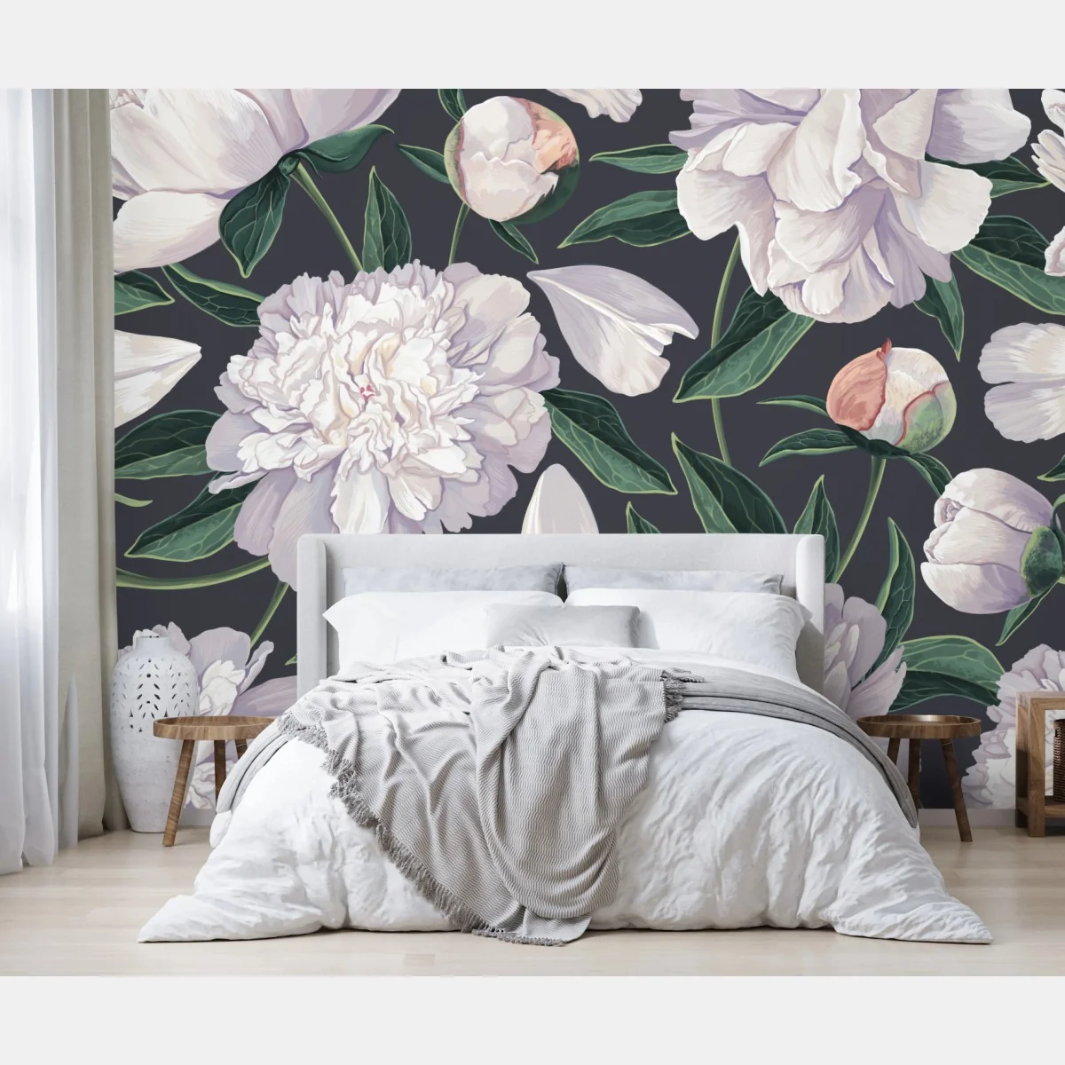 Fototapete weißes pfingstrosenmuster auf schiefergrauem hintergrund – Wallnifity® Fototapete weißes pfingstrosenmuster auf schiefergrauem hintergrund – Wallnifity®