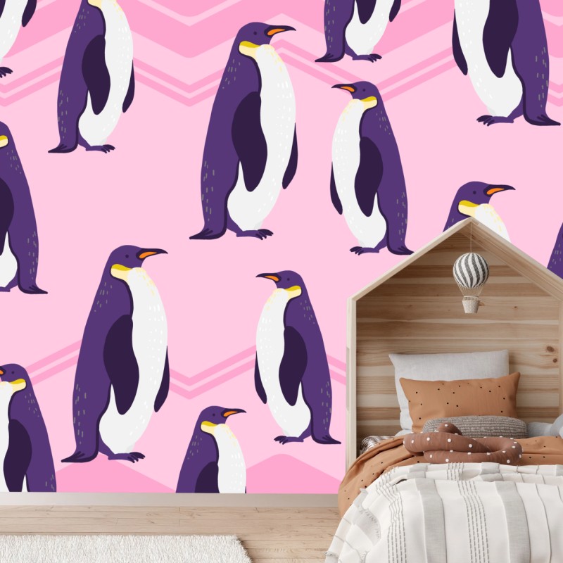 Fototapete verspieltes muster mit violetten pinguinen auf rosa hintergrund