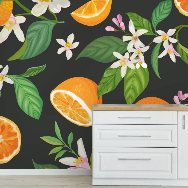 Fototapete orangeblüten- und zitrusmuster auf dunklem hintergrund