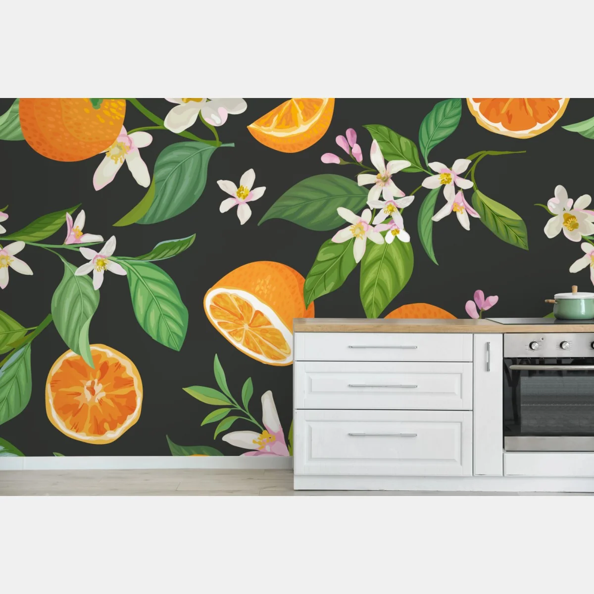 Fototapete orangeblüten- und zitrusmuster auf dunklem hintergrund – Wallnifity®