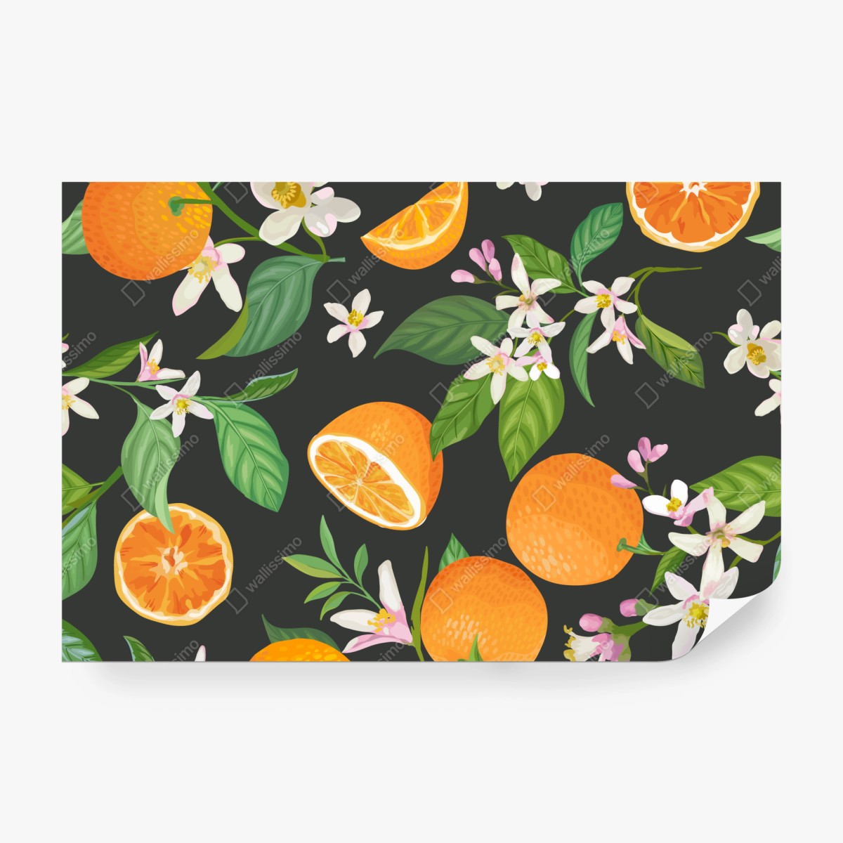 Fototapete orangeblüten- und zitrusmuster auf dunklem hintergrund – Wallnifity®