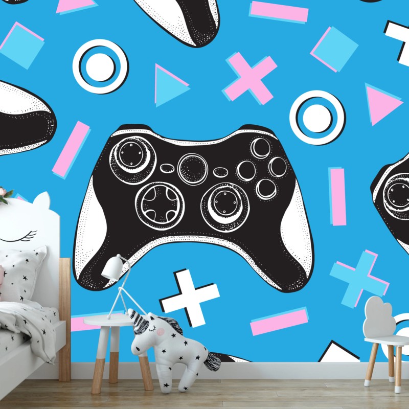 Fototapete muster mit gamecontrollern auf blauem hintergrund