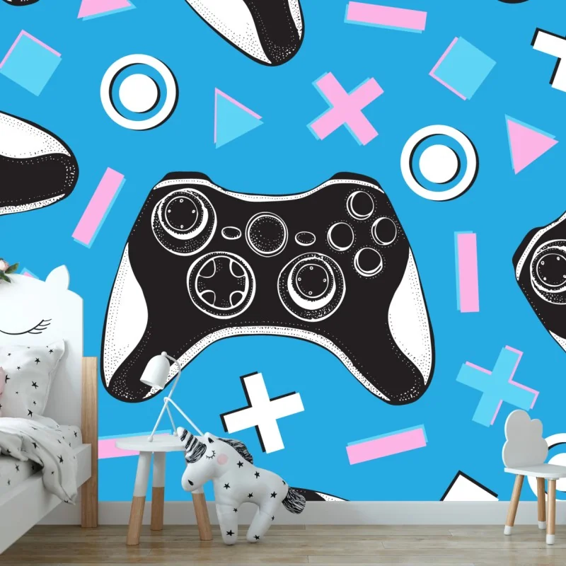 Fototapete muster mit gamecontrollern auf blauem hintergrund