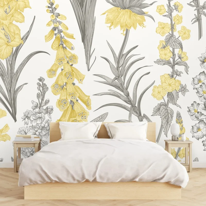 Fototapete vintage botanisches blumenmuster in gelb und grau – Wallnifity® Fototapete vintage botanisches blumenmuster in gelb und grau – Wallnifity®