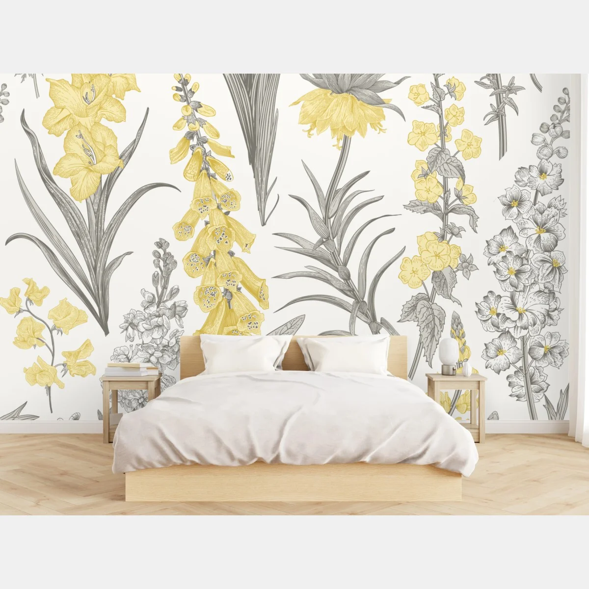 Fototapete vintage botanisches blumenmuster in gelb und grau – Wallnifity® Fototapete vintage botanisches blumenmuster in gelb und grau – Wallnifity®