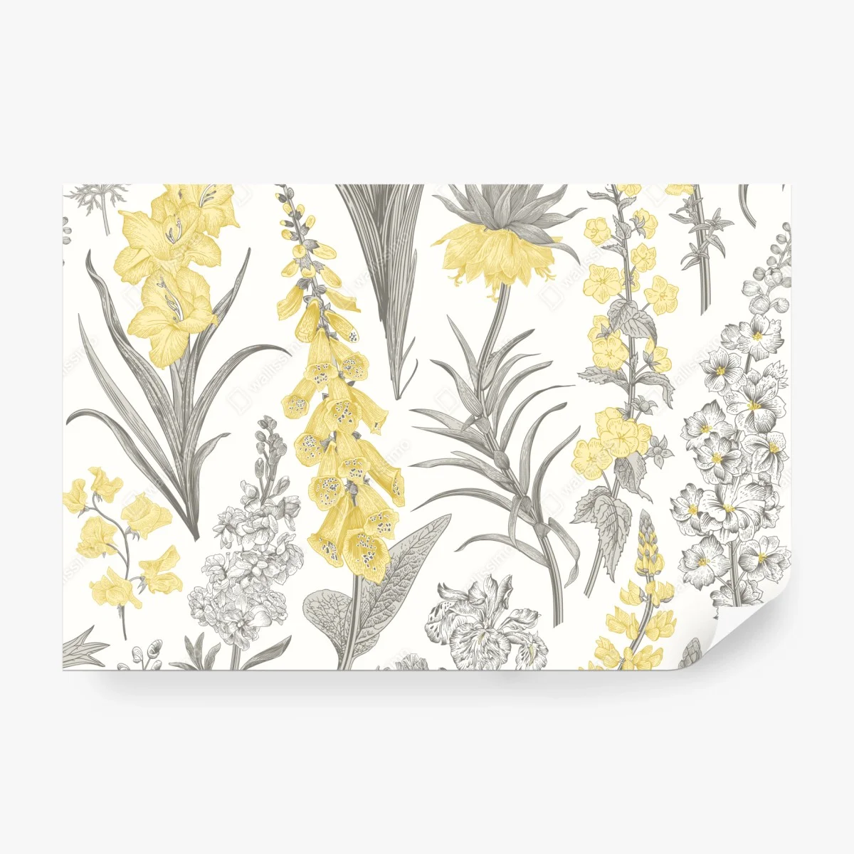 Fototapete vintage botanisches blumenmuster in gelb und grau – Wallnifity®