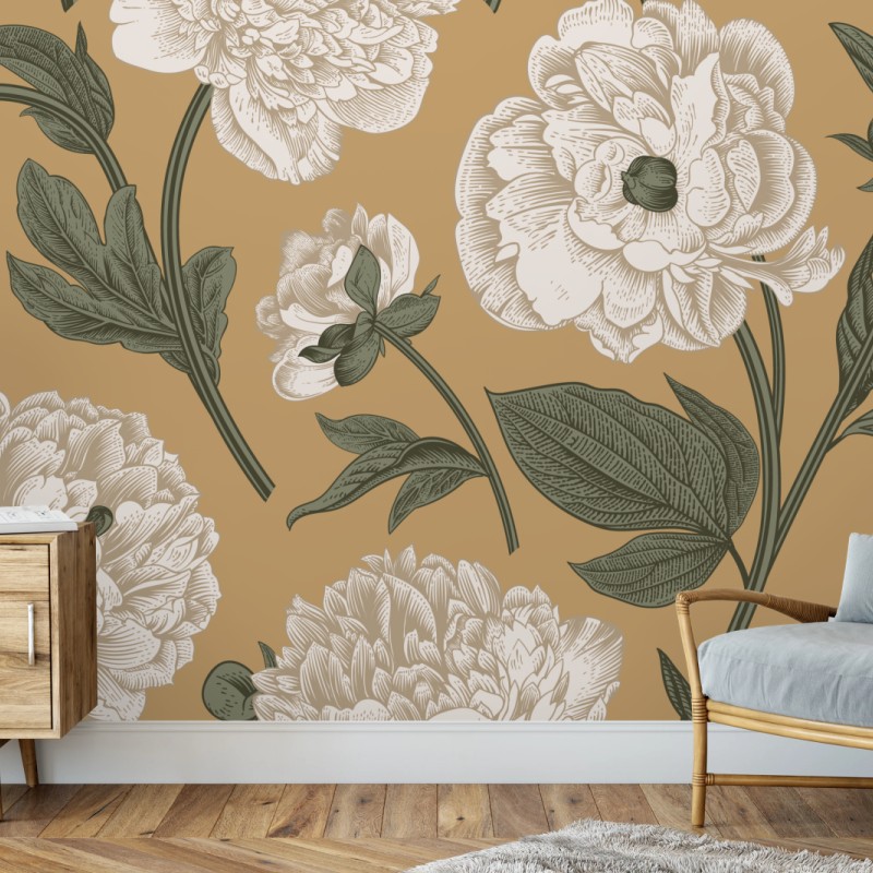 Fototapete vintage botanisches muster mit pfingstrosen