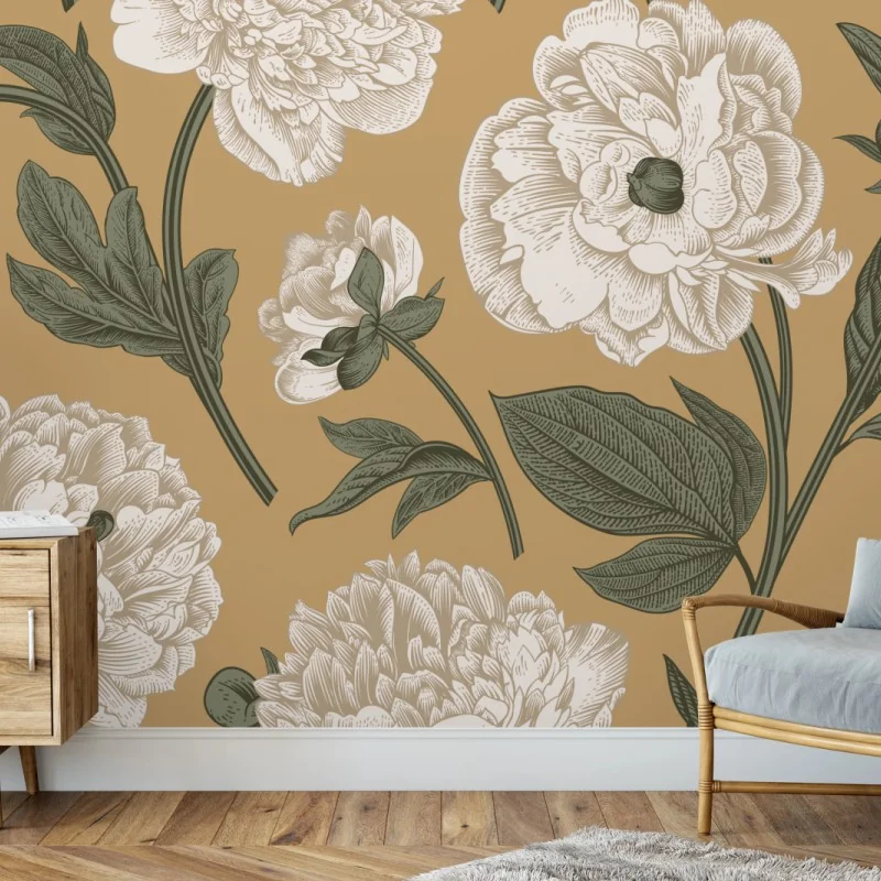 Fototapete vintage botanisches muster mit pfingstrosen