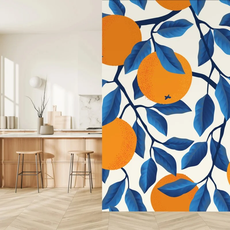 Fototapete kräftiges zitrusmuster in orange und blau