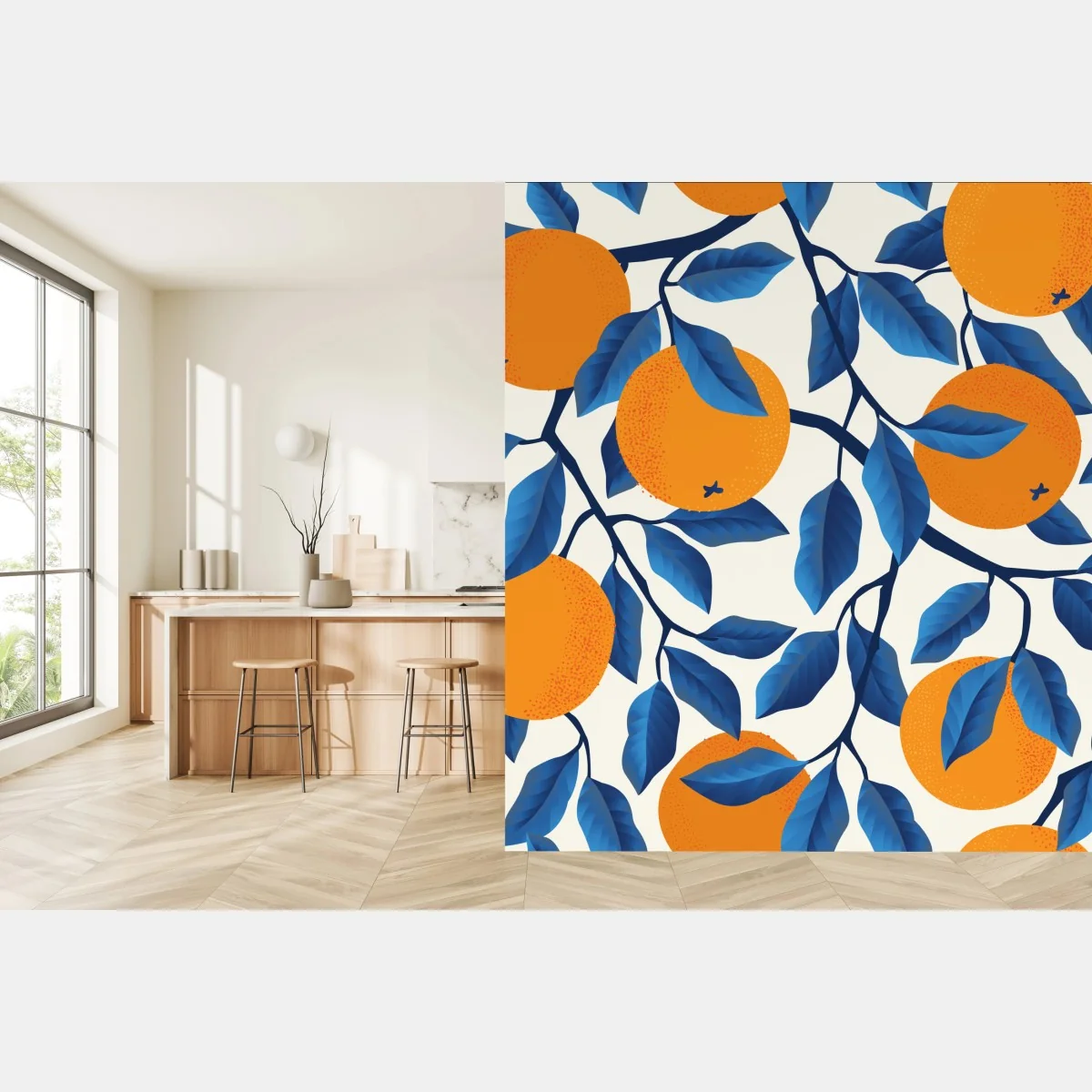 Fototapete kräftiges zitrusmuster in orange und blau – Wallnifity® Fototapete kräftiges zitrusmuster in orange und blau – Wallnifity®