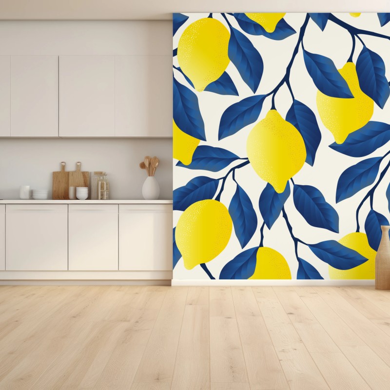 Fototapete lebhaftes zitronenmuster mit blauen blättern