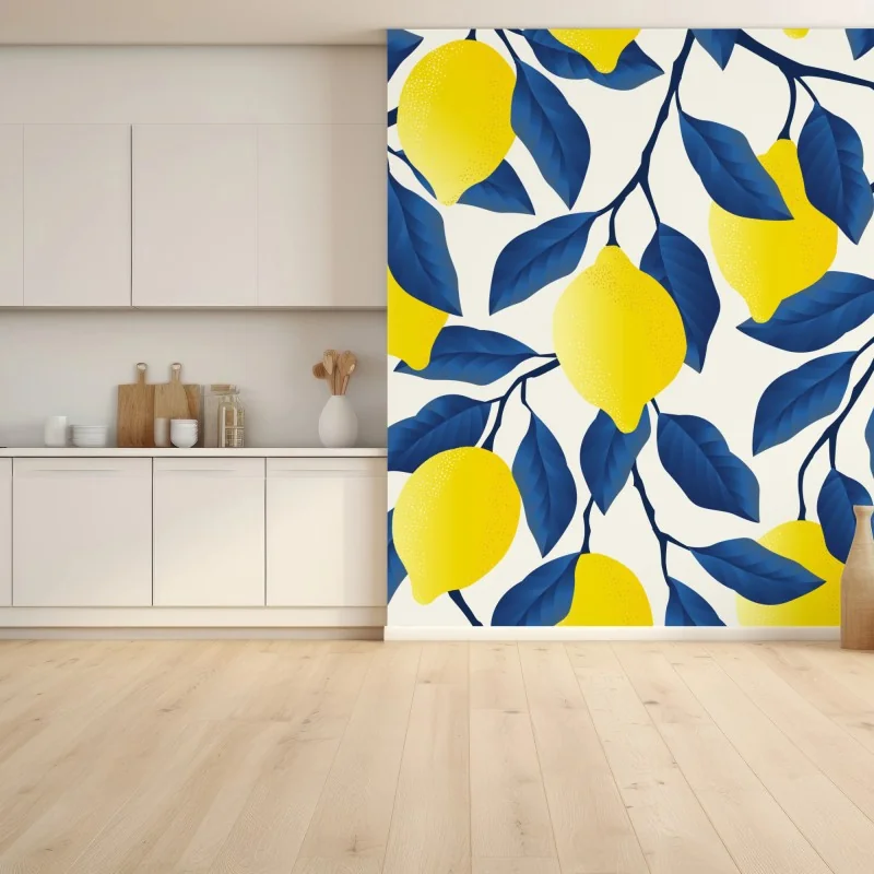 Fototapete lebhaftes zitronenmuster mit blauen blättern