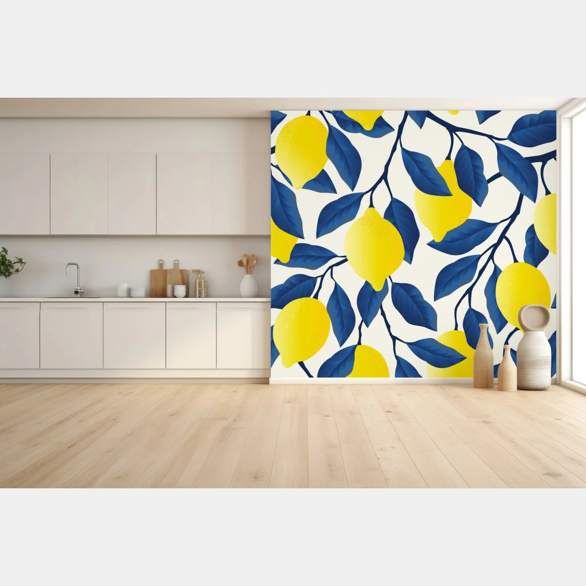 Fototapete lebhaftes zitronenmuster mit blauen blättern – Wallnifity® Fototapete lebhaftes zitronenmuster mit blauen blättern – Wallnifity®