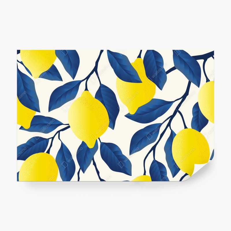 Fototapete lebhaftes zitronenmuster mit blauen blättern
