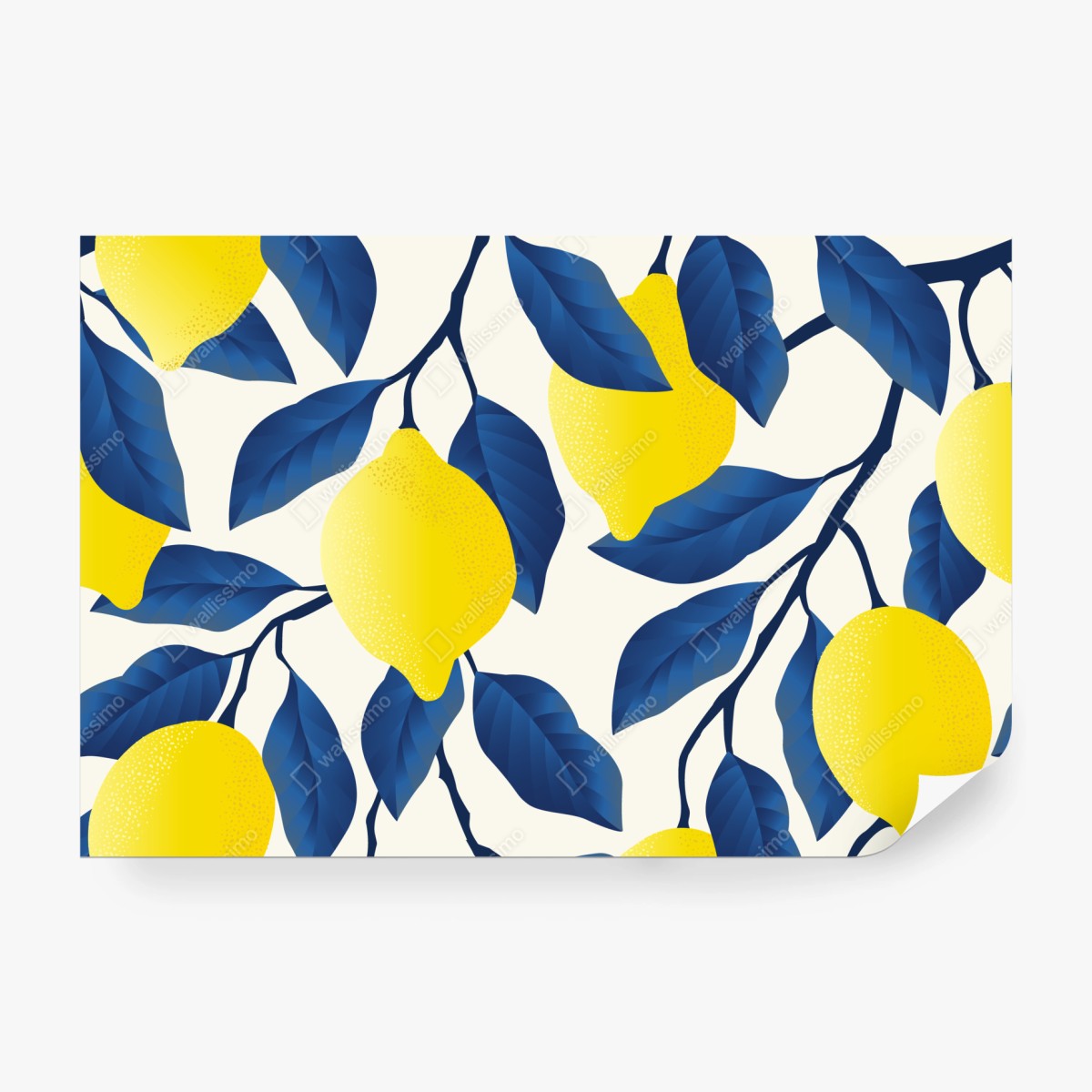 Fototapete lebhaftes zitronenmuster mit blauen blättern – Wallnifity® Fototapete lebhaftes zitronenmuster mit blauen blättern – Wallnifity®