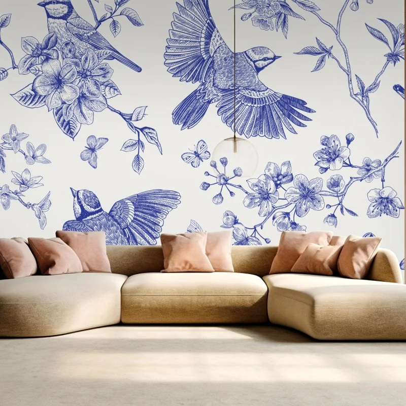 Fototapete blaues muster mit vögeln und blüten im vintage-stil