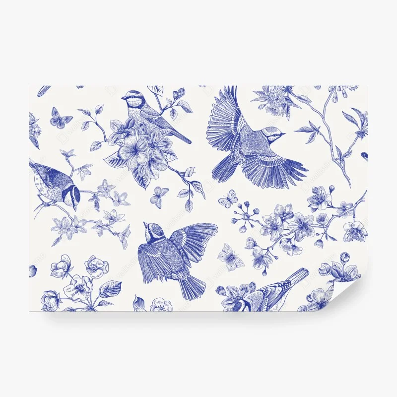 Fototapete blaues muster mit vögeln und blüten im vintage-stil