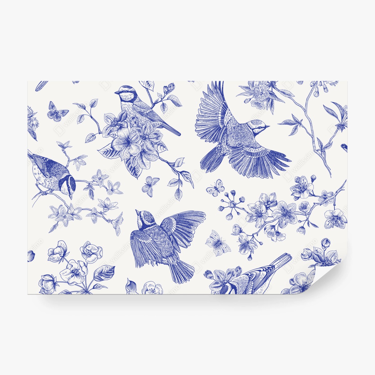 Fototapete blaues muster mit vögeln und blüten im vintage-stil – Wallnifity®