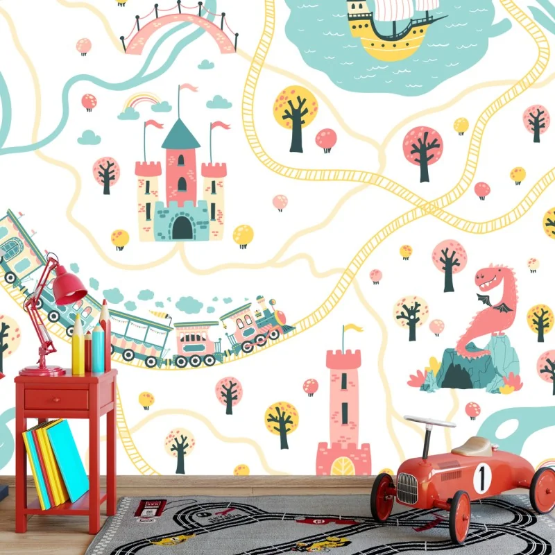 Fototapete pastell abenteuerkarte für kinder – Wallnifity® Fototapete pastell abenteuerkarte für kinder – Wallnifity®