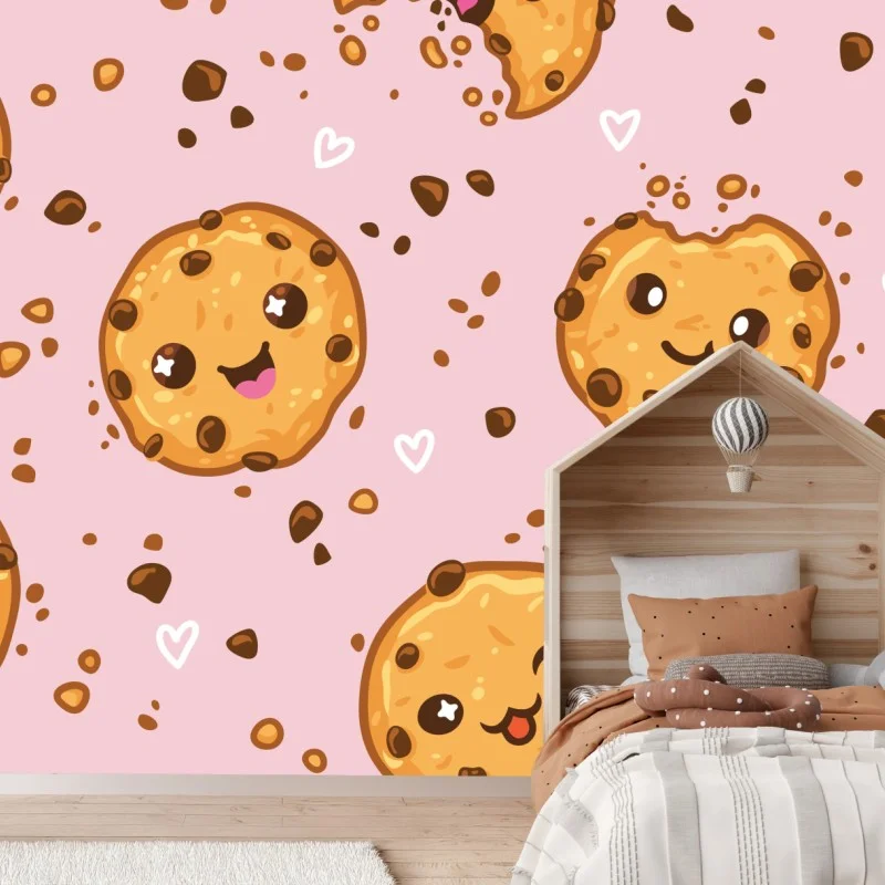 Fototapete niedliches kawaii-keksmuster auf rosa hintergrund