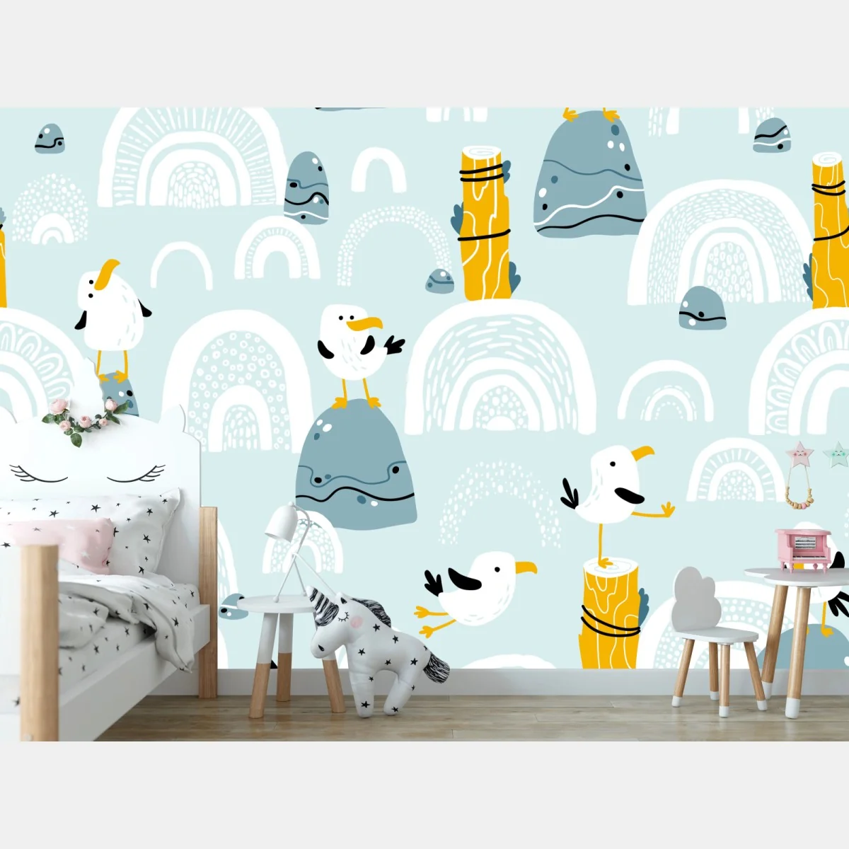 Fototapete verspielte möwen auf pastellfarbenen bögen – Wallnifity®