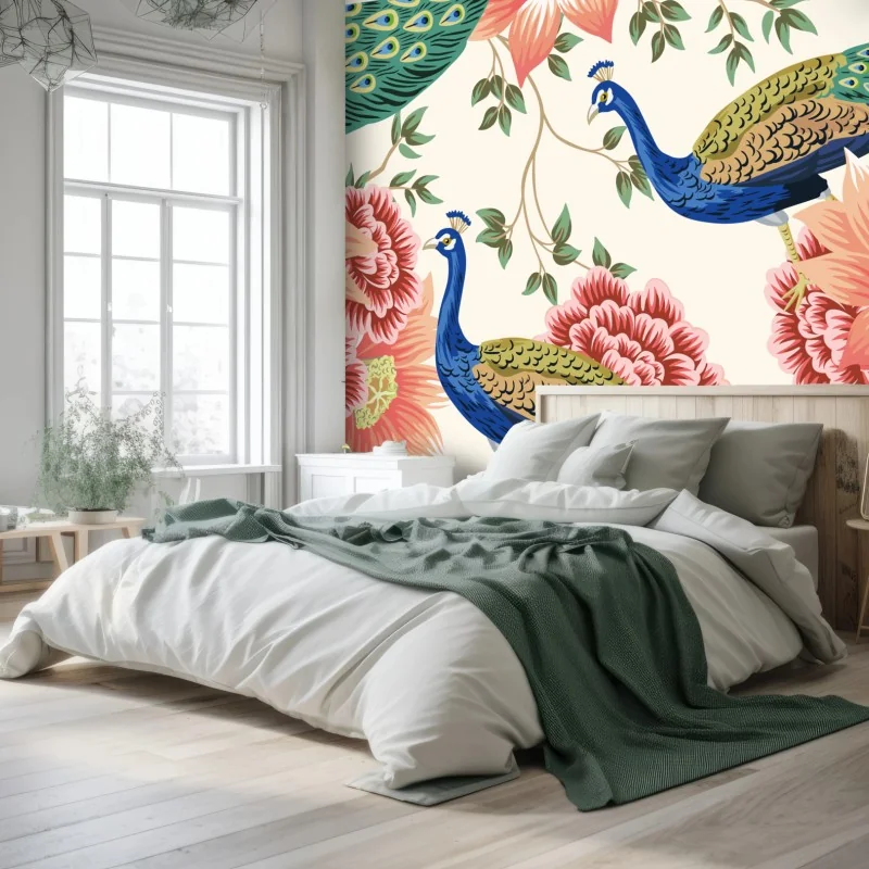 Fototapete elegantes pfauen- und blumenmuster