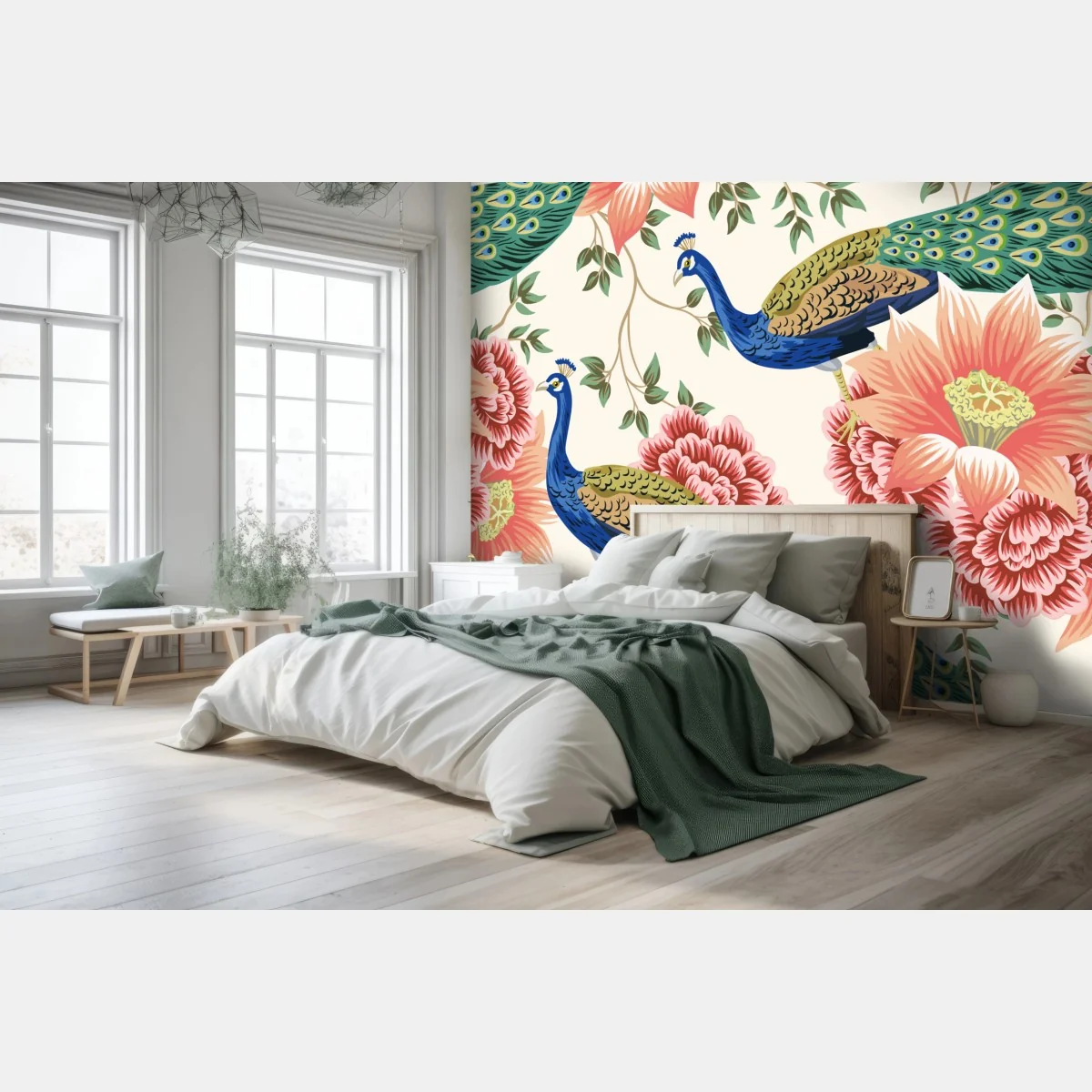 Fototapete elegantes pfauen- und blumenmuster – Wallnifity® Fototapete elegantes pfauen- und blumenmuster – Wallnifity®