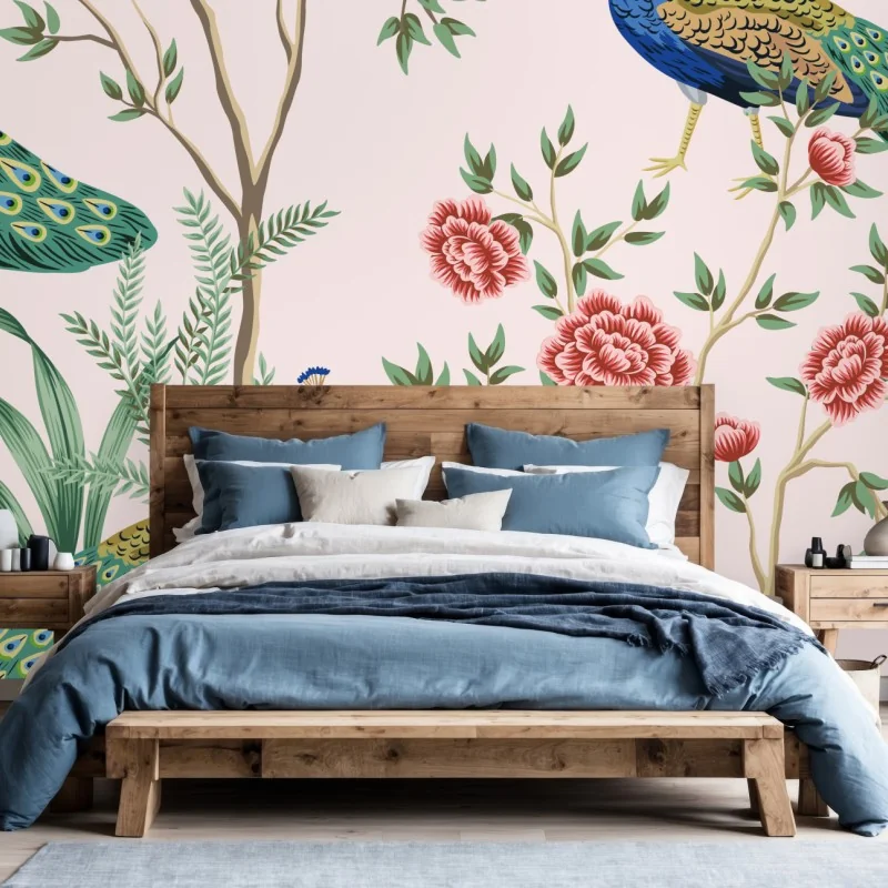 Fototapete elegantes pfau- und blumenmuster auf rosa hintergrund