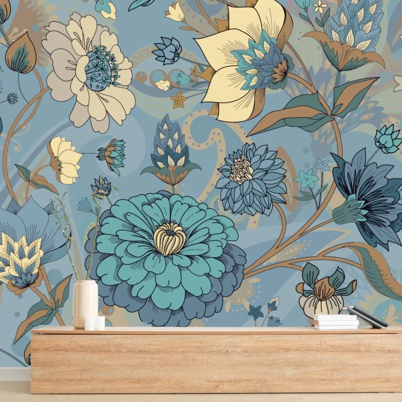 Fototapete vintage-blumenmuster in gedämpften blau- und beigetönen