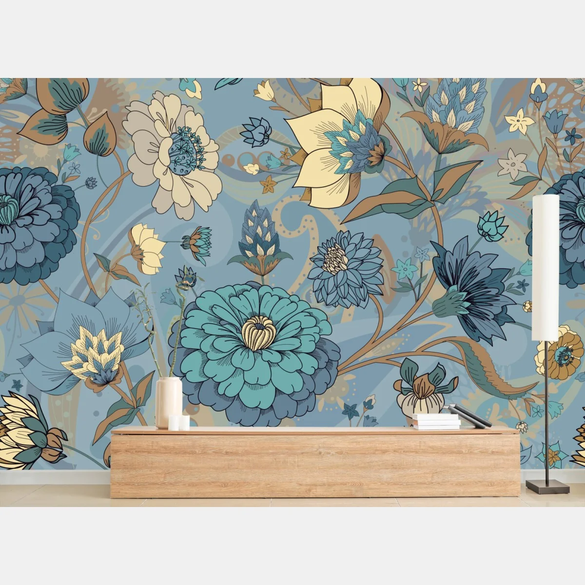 Fototapete vintage-blumenmuster in gedämpften blau- und beigetönen – Wallnifity® Fototapete vintage-blumenmuster in gedämpften blau- und beigetönen – Wallnifity®