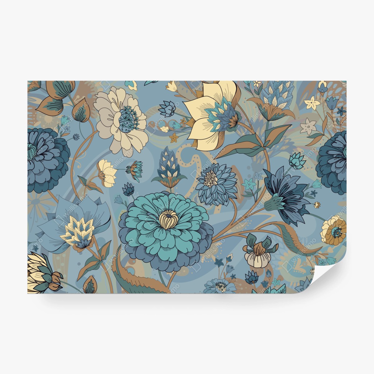 Fototapete vintage-blumenmuster in gedämpften blau- und beigetönen – Wallnifity® Fototapete vintage-blumenmuster in gedämpften blau- und beigetönen – Wallnifity®