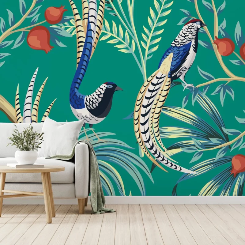 Fototapete exotisches vogelmuster mit granatäpfeln