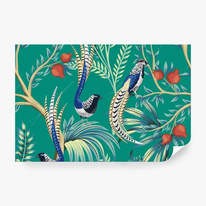 Fototapete exotisches vogelmuster mit granatäpfeln