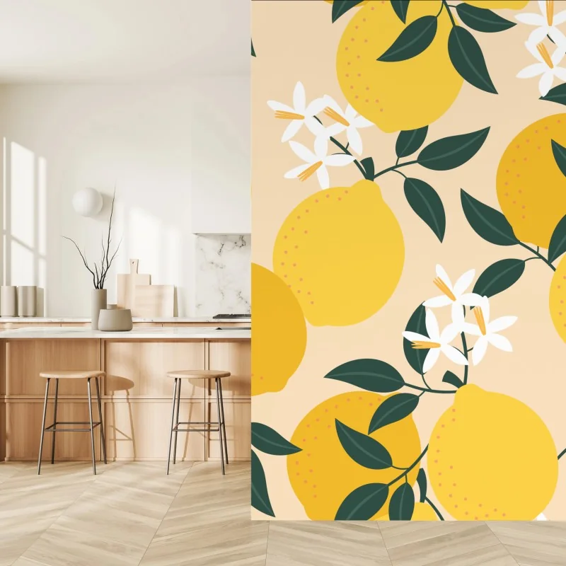 Fototapete leuchtendes zitronenmuster mit blüten