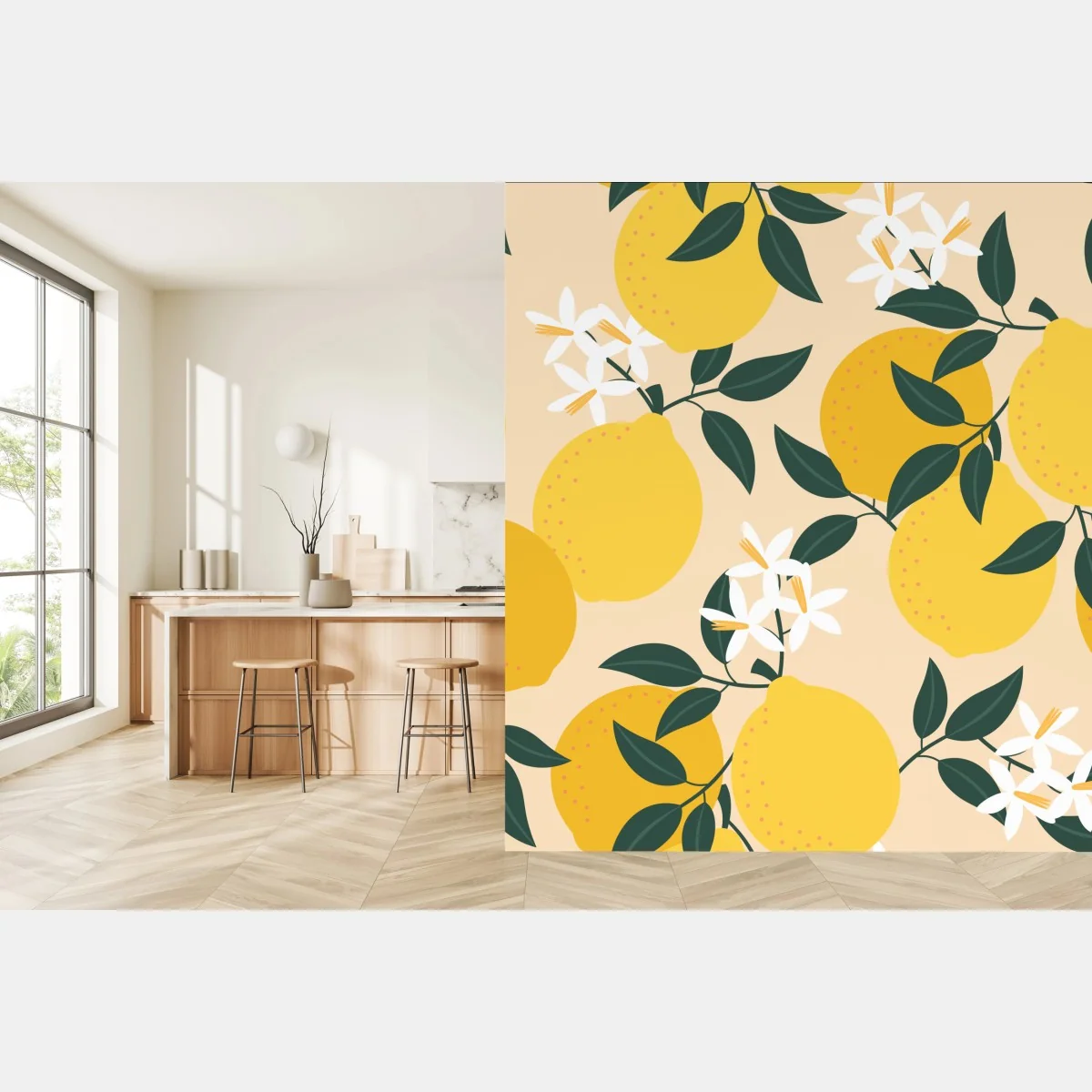 Fototapete leuchtendes zitronenmuster mit blüten – Wallnifity®