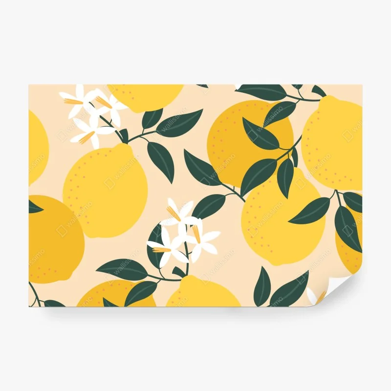 Fototapete leuchtendes zitronenmuster mit blüten