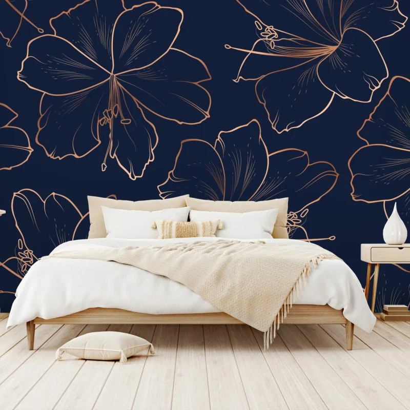 Fototapete dunkelblaues muster mit goldenen blumenkonturen – Wallnifity® Fototapete dunkelblaues muster mit goldenen blumenkonturen – Wallnifity®