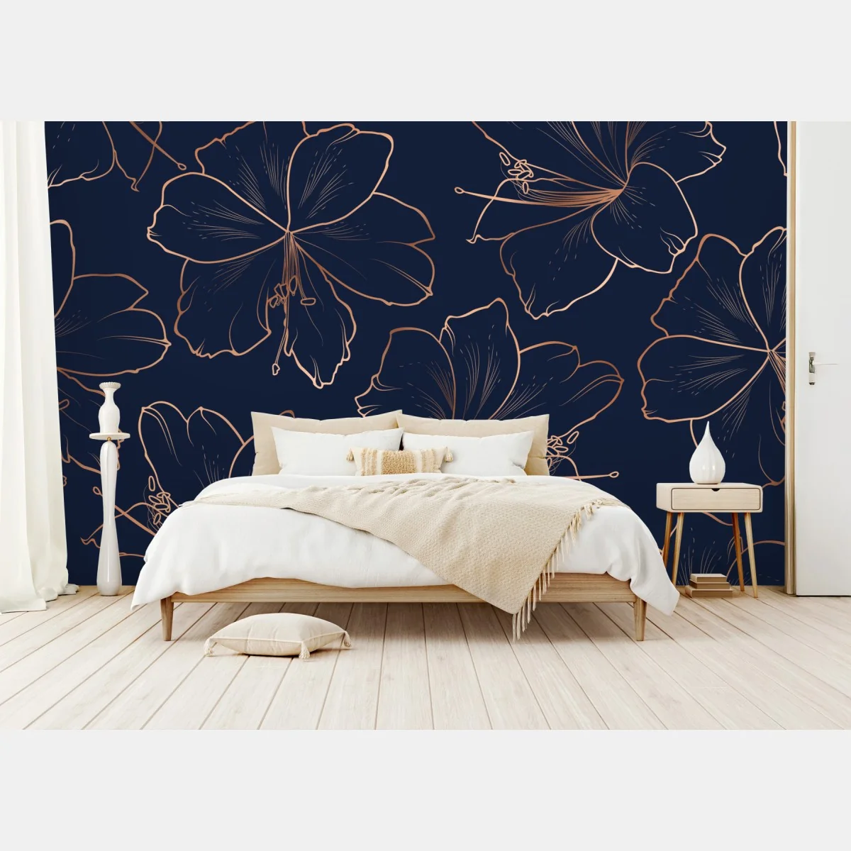 Fototapete dunkelblaues muster mit goldenen blumenkonturen – Wallnifity® Fototapete dunkelblaues muster mit goldenen blumenkonturen – Wallnifity®