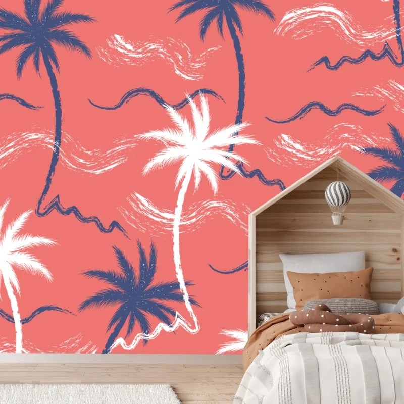 Fototapete tropisches palmenmuster in koralle und dunkelblau