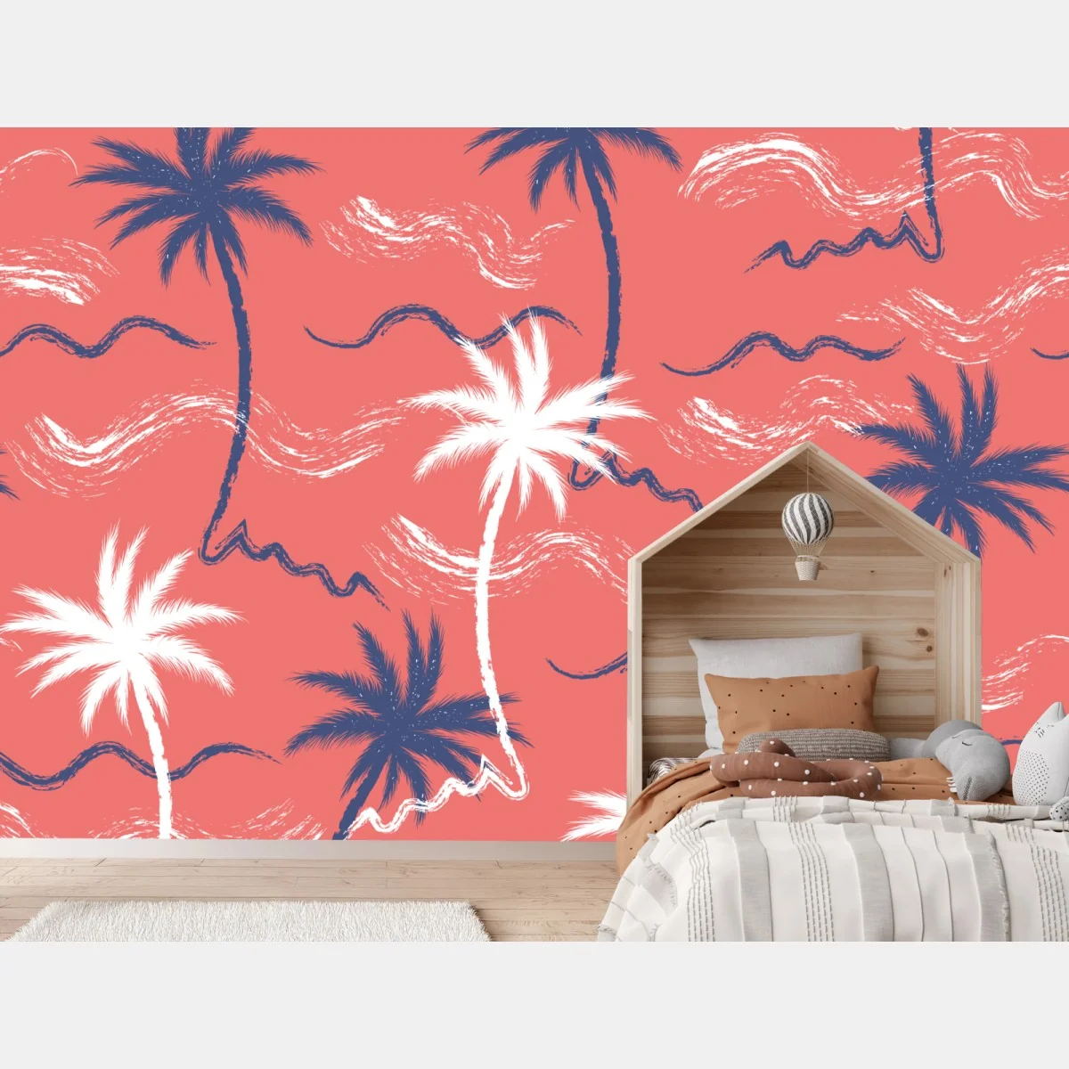 Fototapete tropisches palmenmuster in koralle und dunkelblau – Wallnifity® Fototapete tropisches palmenmuster in koralle und dunkelblau – Wallnifity®