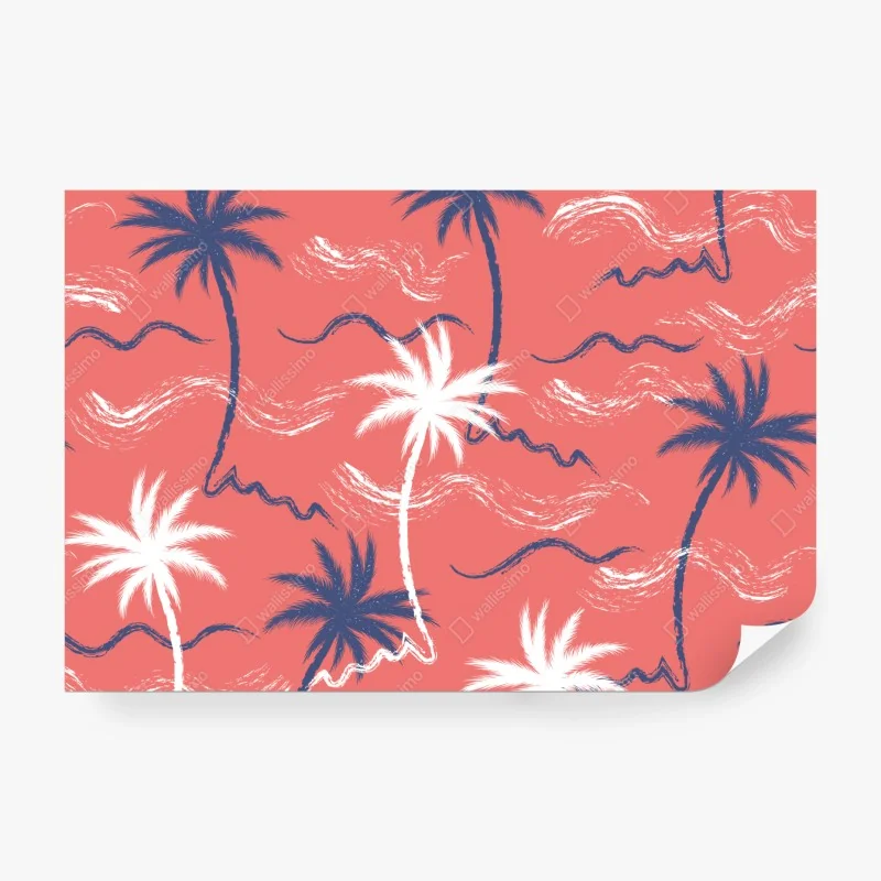 Fototapete tropisches palmenmuster in koralle und dunkelblau