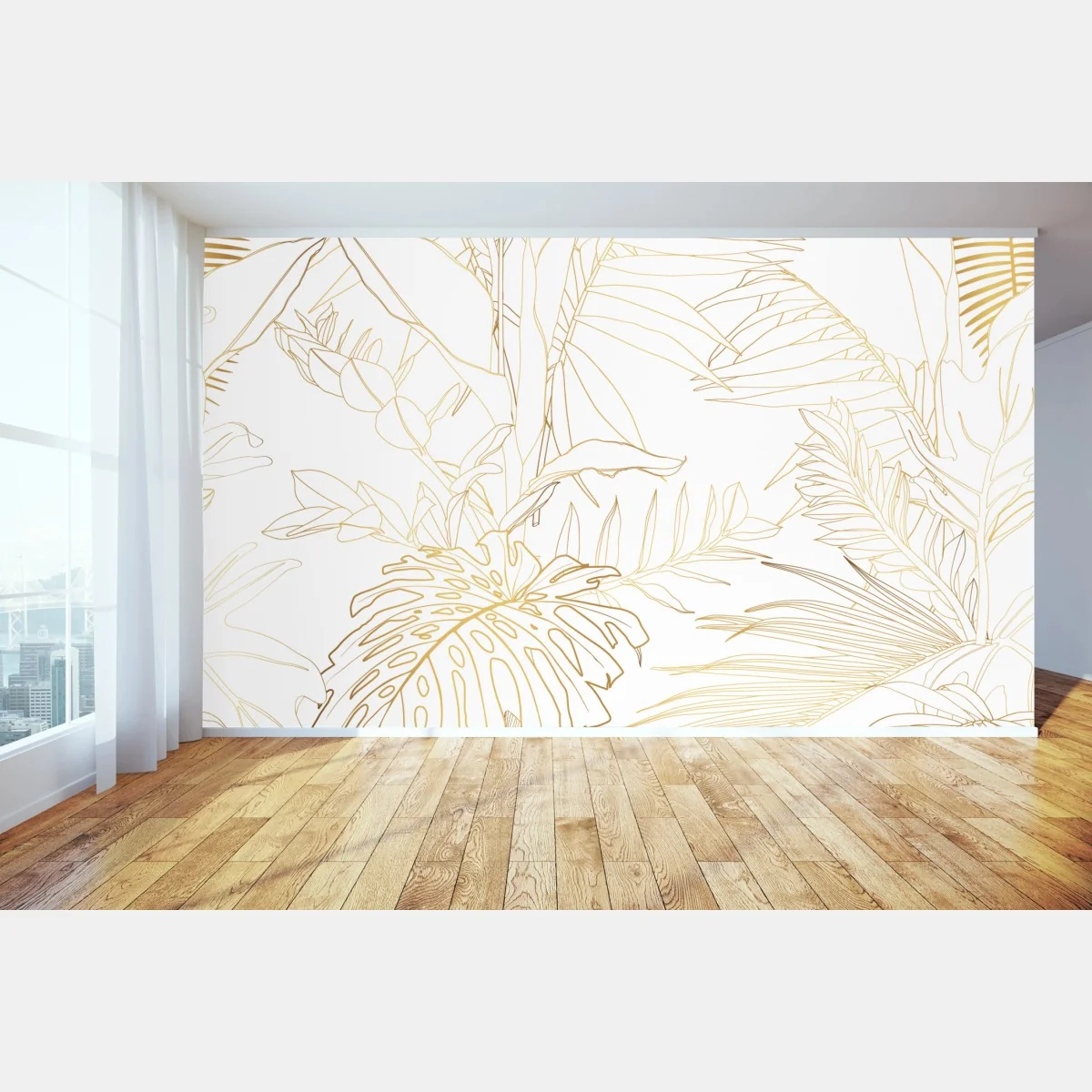 Fototapete goldene tropische blätter line art – Wallnifity® Fototapete goldene tropische blätter line art – Wallnifity®