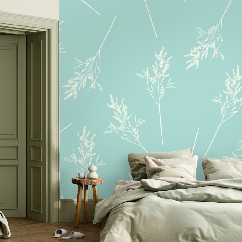 Fototapete zartes türkisfarbenes botanisches muster