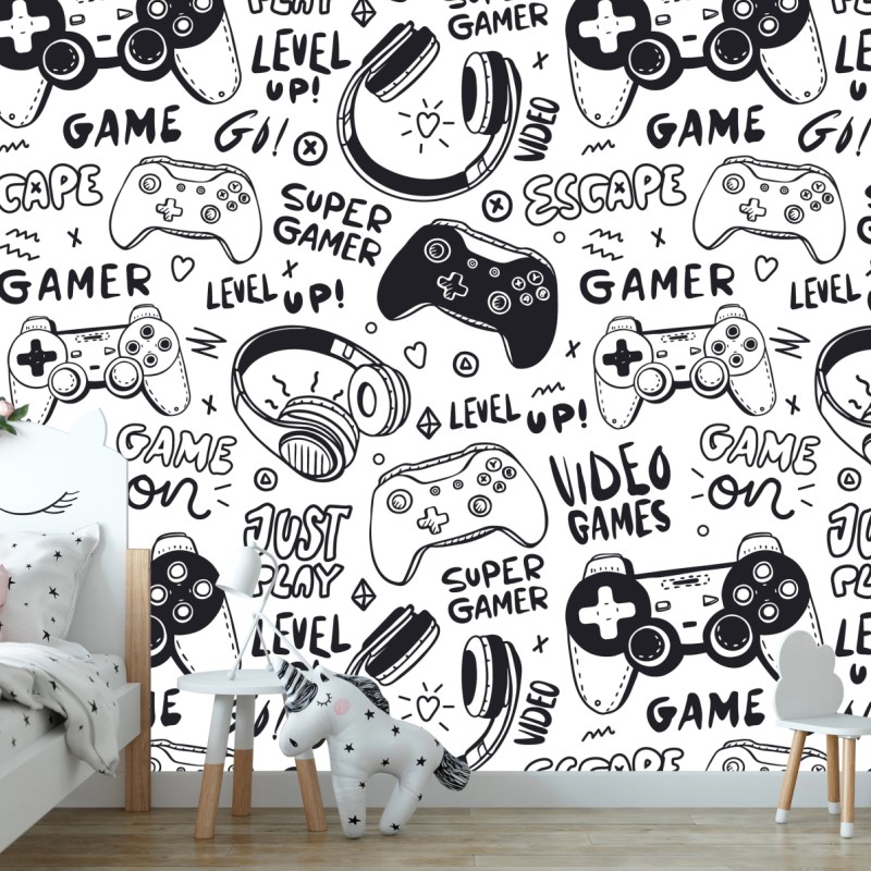 Fototapete doodle-muster mit videospiel-controllern