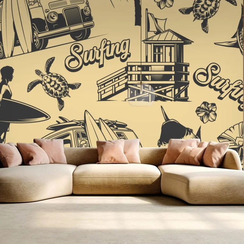 Fototapete retro surfing muster mit campingbus und wellen