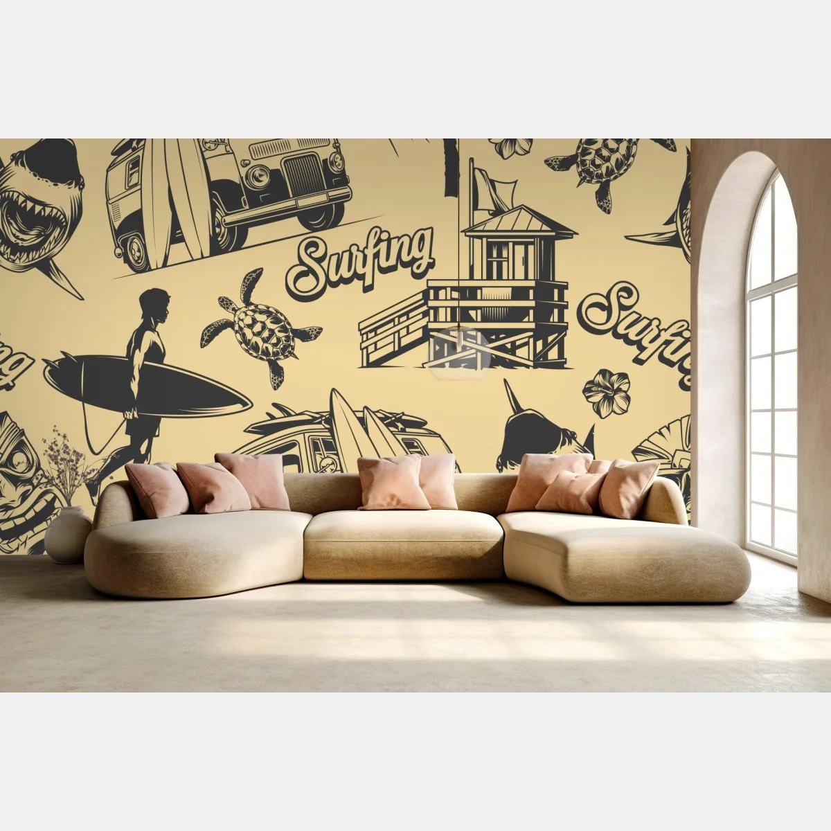 Fototapete retro surfing muster mit campingbus und wellen – Wallnifity® Fototapete retro surfing muster mit campingbus und wellen – Wallnifity®