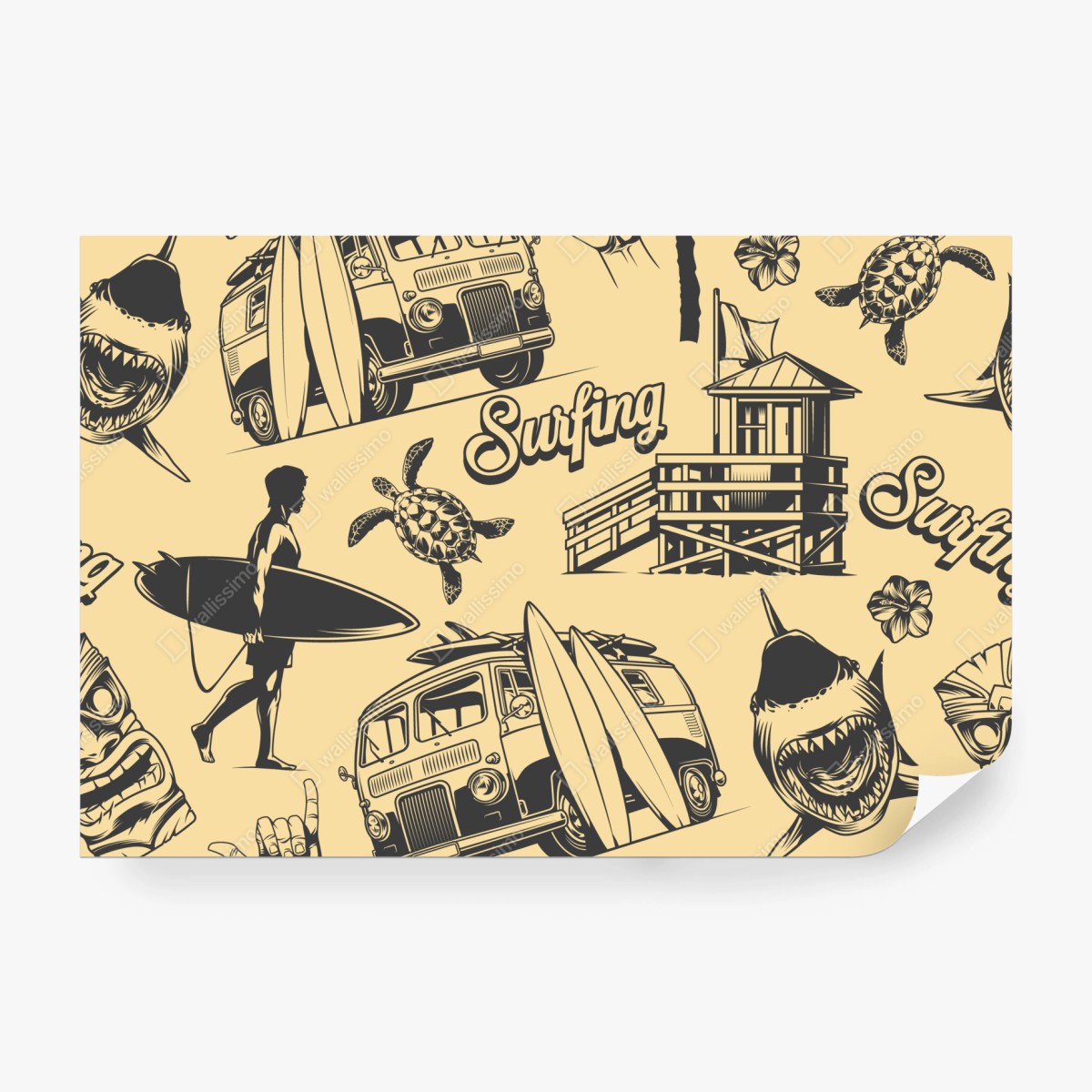Fototapete retro surfing muster mit campingbus und wellen – Wallnifity® Fototapete retro surfing muster mit campingbus und wellen – Wallnifity®