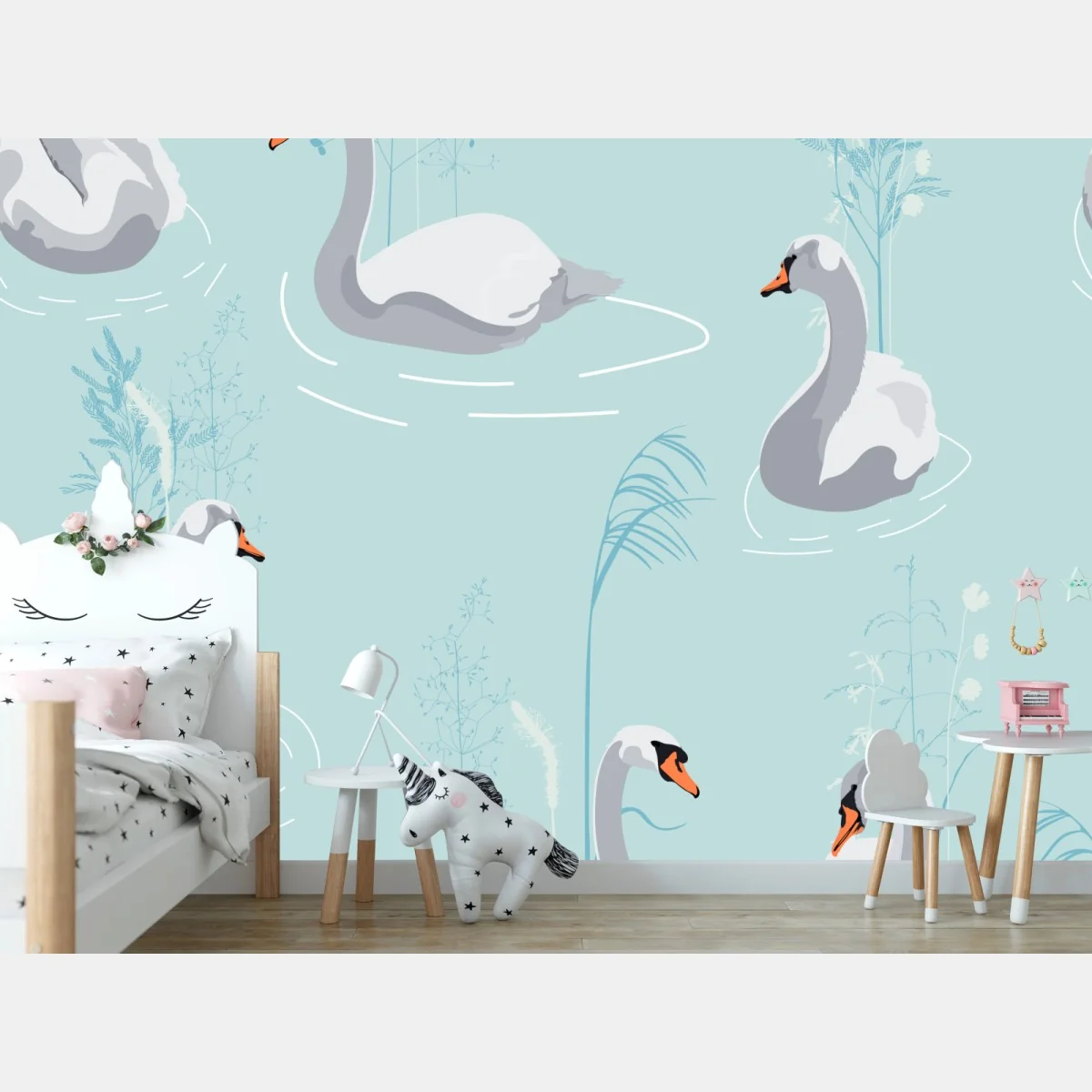 Fototapete sanfte schwäne auf türkisfarbenem teich – Wallnifity® Fototapete sanfte schwäne auf türkisfarbenem teich – Wallnifity®