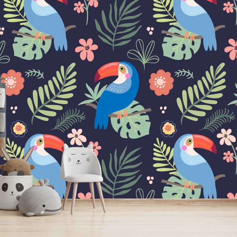 Fototapete tropisches tukanmuster auf dunkelblauem hintergrund