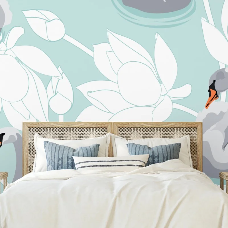 Fototapete sanfte schwäne und lotusblumen